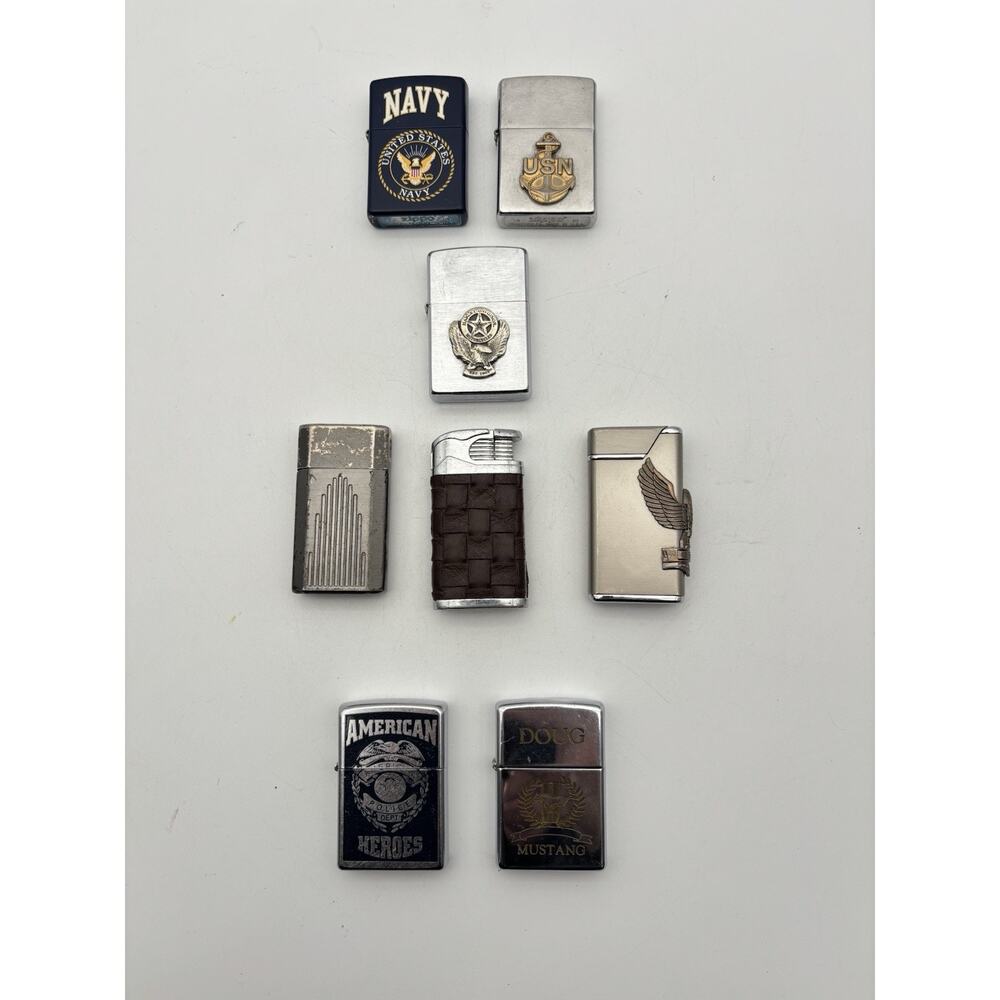 Lot of 8 VTG Zippo - Ronson Lighters Silver Leather US Navy Harley Davidson